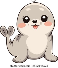 A gray cartoon seal sitting with a happy expression and rosy cheeks