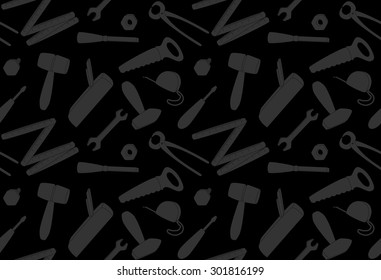 gray cartoon tools on dark background, seamless texture, vector illustration