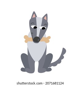 Un lobo de caricatura gris se sienta en un hueso en una pasta. Ilustración vectorial del carácter y animal salvaje de estilo plano