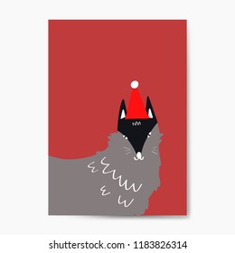 Gray cartoon wolf wearing a Christmas hat vector design