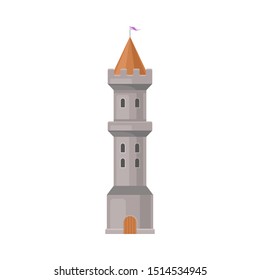 Gray castle tower with a brown roof. Vector illustration on a white background.