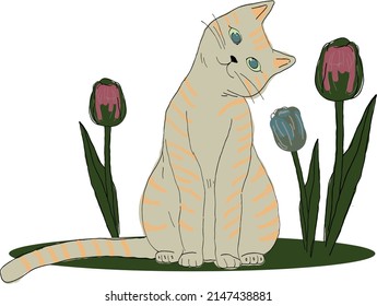 Eine graue Katze unter Tulpen. Eine Vektordatei ist für das Erstellen von Designs nützlich.