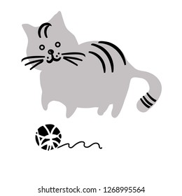Сute gray cat with a ball of yarn, illustration vector.Cartoon greeting card, poster design element.