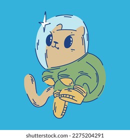 Gray cat with big cute eyes in a green yellow space suit on a blue background