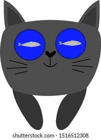 gray cat with big round eyes which reflects a fish floating in blue water the concept of a pet object for design on a white background