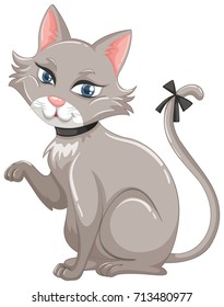Gray cat with black ribbon on tail illustration