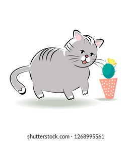 Сute gray cat with cactus, illustration vector.Cartoon greeting card, poster design element.