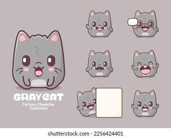 gray cat cartoon. animal vector illustration with different expressions