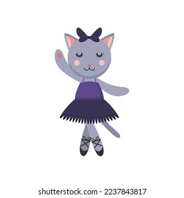 Gray cat cartoon character as ballerina in tutu skirt. Cute comic animal in dress dancing vector illustration. Ballet, fashion concept for kids or little girls