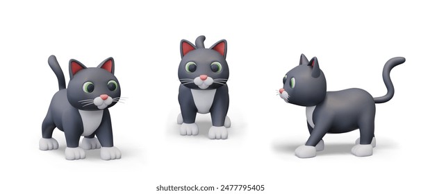 Gray cat in cartoon style. 3D model of domestic animal. Fluffy pet, view from different sides