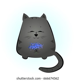 Gray cat in cartoon style with bouquet