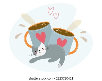 Gray cat and coffee mugs. Vector isolated doodle composition. Hand drawn cup of tea and coffee for a kitten on a white background. Cartoon clip art with a cute design. Modern flat style