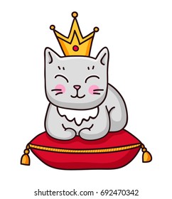 Gray cat with crown. Cute cartoon animal. Sticker, patch, badge, pin. Vector outline illustration.