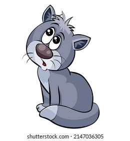 gray cat, cute character sits and looks up thoughtfully, cartoon illustration, isolated object on a white background, vector, eps