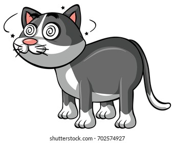 Gray cat with dizzy eyes illustration