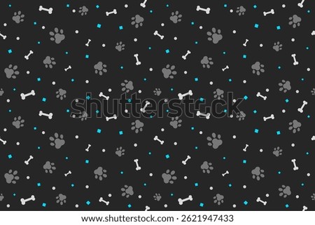 Gray Cat Or Dog Paw And Bone Pattern On Dark Background With Blue Geometric. Wallpaper. Vector Illustration. Animal. Backdrop