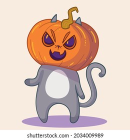 gray cat dressed as Jack o lantern to celebrate Halloween