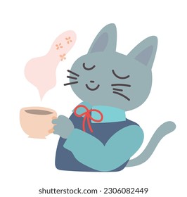 A gray cat drinking fragrant tea. The cat is anthropomorphized, wearing a shirt and holding a cup in his hand. (Don't let a real cat smell anything strongly scented!)