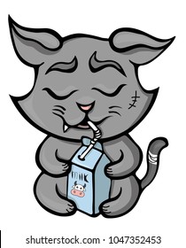 Gray cat drinking milk from pocket isolated on white background