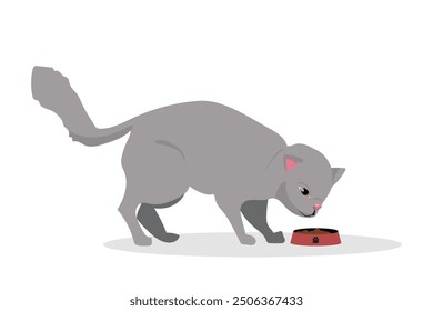 Gato gris comiendo comida, Ilustración vectorial.