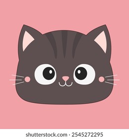 Silhueta de cabeça de cara de gato cinza. Gatinho sorridente. Personagem de desenho animado bonito. Design plano. Estilo infantil. Feliz Dia dos Namorados. Cartão Love Greeting. Fundo rosa. Isolado. Ilustração vetorial