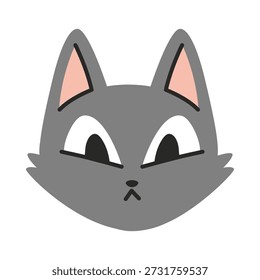 Icono gris de la cara del gato con la expresión enojada y los ojos fruncidos. Ilustración vectorial moderna de moda aislada en el fondo blanco, dibujado a mano, diseño plano
