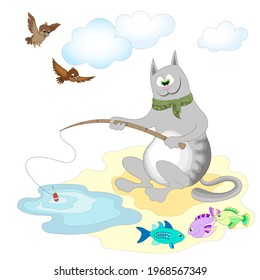 gray cat fisherman fishing with a fishing rod on the shore of the pond