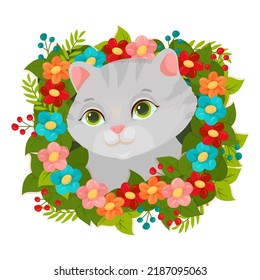 Gray cat in flowers. Pet. Kitten. Vector illustration.