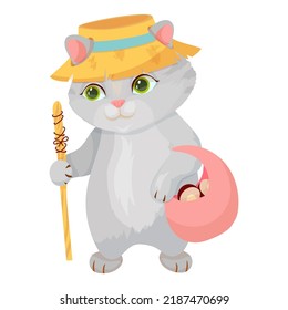 A gray cat in a funny hat collects mushrooms. Autumn entertainment. Pet. Kitten. Vector illustration.
