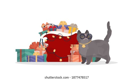 Gray cat with glasses and a gold chain. A mountain of gifts and a red bag. New year concept. Isolated. Vector illustration.