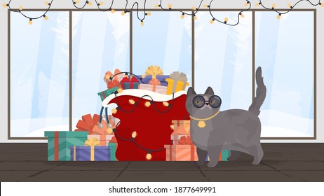 Gray cat with glasses and a gold chain. A mountain of gifts and a red bag. New year concept. Ready postcard or poster. Vector illustration.