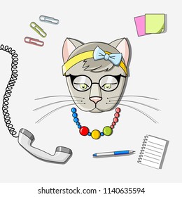 Gray cat with glasses rim and beads. Office tools