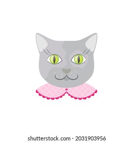 Gray cat with green eyes in a pink collar with a pattern. Head, portrait, avatar, icon, symbol, image, element, logo. Isolated vector illustration on white background