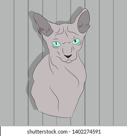 gray cat with green eyes sitting in the room, vector.