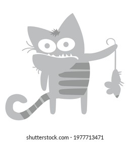 The gray cat had just caught a mouse. Comic character. Vector image for prints, poster and illustrations.