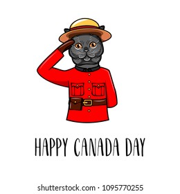 Gray cat. Happy Canada day. Dog wearing in Royal Canadian Mounted Police form. Greeting card. Vector illustration.