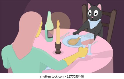 Gray cat is having dinner with a lonely woman. A strong and independent woman with pink hair drinks wine with a cat.