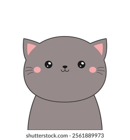 Gray cat head face line contour silhouette. Pet collection. Cute cartoon funny baby character. Pink ears, blush cheeks. Funny kawaii smiling doodle animal. Flat design White background. Vector