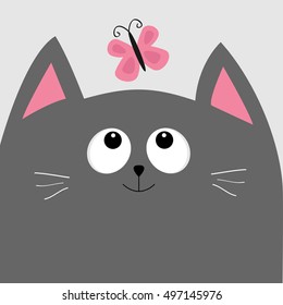 Gray cat head looking at butterfly insect. Cute cartoon character. Pet baby collection Card. Flat design. Blue sky background. Vector illustration.