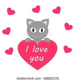 gray cat with heart and an inscription