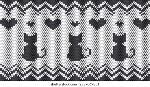 Gray cat and heart shape on white background knitting pattern, Festive Sweater Design. Seamless Knitted Pattern, Norway Festive Sweater Fair Isle Design.