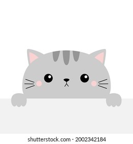 Graue Katze, die leeres Papier hält, Tisch. Cute Cartoon kawaii lustige Kätzchen Kätzchen versteckt sich hinter der Papierwand. Druckvorlage für Typografie. Flaches Design. Weißer Hintergrund. Einzeln. Vektorgrafik