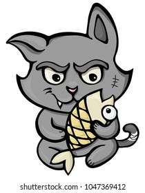 Gray cat holding fish on white background