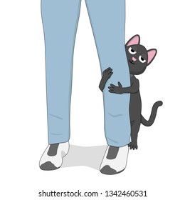 Gray cat hugs the leg of a man. Cute cartoon cat and his friend.