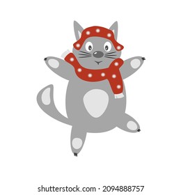 gray cat in a jump with a shawl and hat