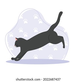 Graue Katze, die auf violettem Hintergrund mit Katzenpasten springt. Vektorgrafik.