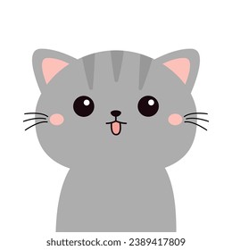 Gray cat kitten, kitty. Cute face with tongue. Stiped pattern fur. Cartoon kawaii funny baby character. Kids collection. Sticker print. Flat design. White background. Isolated. Vector illustration