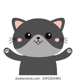 Gray cat, kitten, kitty. Cute face head, tongue, hands with pink paw print. Cartoon kawaii funny baby character. Kids collection. Sticker print. Flat design. White background. Vector illustration