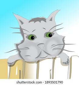Gray cat looking sad from behind the fence - cartoon childrens vector illustration