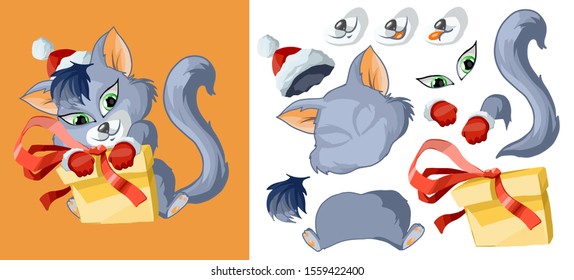 Gray cat in a New Year's hat and a New Year's gift. Cartoon character. Classic handmate vector illustration. Isolated. Cat for animation